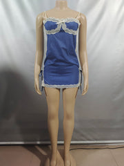 Sexy Lace Bandage Denim Patchwork Mini Dress