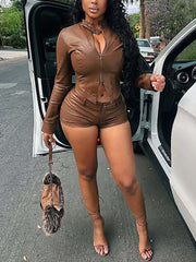 Stretch PU Leather Cropped Jacket Shorts 2 Piece Set