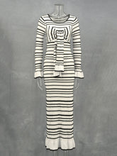 Knit Stripet Lace-up Bell Long Sleeve Dress