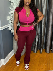 Round Collar Zipper Cropped Top High Waist Pant Sets