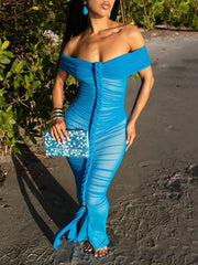 Sexy Off Shoulder Pleated See Through Mesh Dress