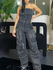 Off The Shoulder Denim Overalls Punk Pockets Jumpsuit