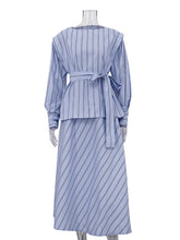 Casual Stripe O-neck Lace-Up Top Long Skirt Set