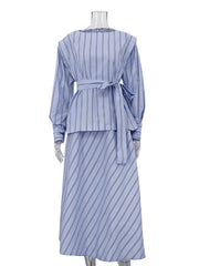 Casual Stripe O-neck Lace-Up Top Long Skirt Set