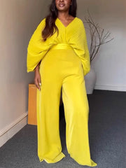 Casual V-neck Batwing Sleeve Shirt High Waist Pants Set