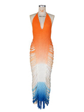 Sexy Deep V Hollow Out Gradient Color Knit Halter Maxi Dress