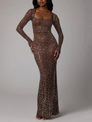 Sheer Rhinestone Long Sleeve Evening Gown