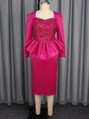 Elegant Square Collar Sequin Ruffles Party Midi Dress
