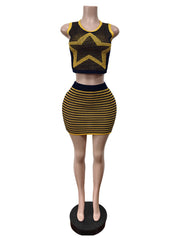 Sexy Knit Geometric Contrast Color Vest Skirt Sets