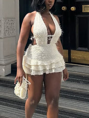 Sexy Deep V Halter Lace-up Knit Ruffles Mini Dress