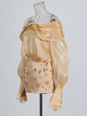 Elegant Crystal-embellished Bubble Sleeves Mini Dress