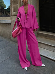 Casual V Neck Lace-up Shirt Wide Leg Pants Set