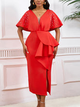 V-Neck Ruffled Split Beaded Evening Dress