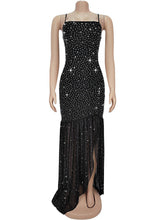Sexy Spaghetti Strap Rhinestone Mesh Maxi Dress