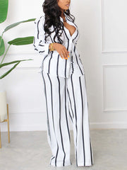 Casual Print Striped Shirt Straight Pants Two Piece Set