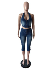 Sexy Halter Lace-up Denim Top and Cropped Jeans Set