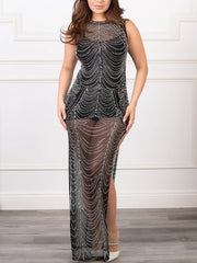 Rhinestone See through Slim Dress