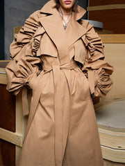 Luxury Ruffle Button Down Belted Trench Coat