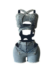 Fashion Hollow Out Bandage Denim Vest And Shorts Sets