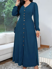 Fashion V Neck Solid Single Breasted Slim Casual Dress