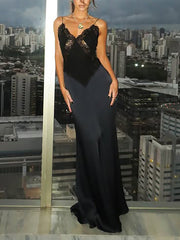 Elegant Satin Lace Patchwork Backless Maxi Dress