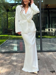 Elegant Lace-up Blazer And Long Skirt Set