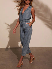 Sleeveless Drawstring Waist Washed Denim Jumpsuit