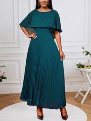 Plus Size Ruffles Sleeve Slim Pleated Hem Maxi Dress