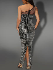 Sexy Mesh Patchwork Rhinestone Slash-Shoulder Dress