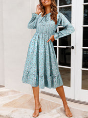 Casual Floral Print Ruffle Slim Midi Dress