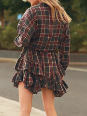 Fashion Loose Plaid Shirt And Ruffled Mini Skirt Set