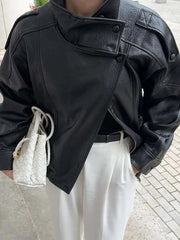 Fashion Stand Collar Faux Leather Loose Jacket