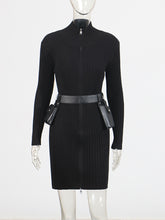 Fashion Zipper Belt Ornament Slim Midi Dress