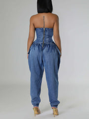 Elegant Solid Strapless Corset Denim Jumpsuit
