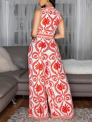 Sexy V Neck Print Tie Front Lace-up Wide Leg Jumpsuit