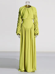 Fashion Round Neck Bubble Sleeve Maxi Skirt Set