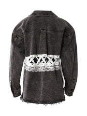 Retro Lace Splicing Washed Loose Denim Shirt Jacket