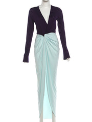 Fashion Deep V Long Sleeve Contrast Color Knot Gown