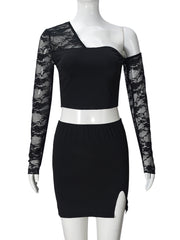 Sexy Sheer Lace Off Shoulder Mini Skirt Two Piece Sets
