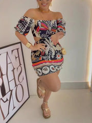 Print Off Shoulder Backless Colorful Club Dress