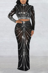 Sexy Rhinestone Sheer Mesh Skirt Club Sets