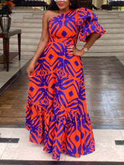 Sloping Shoulder Print One Sleeve Dress
