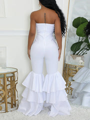 Sexy Strapless Ruffed Patchwork Bodycon Jumpsuit