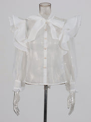 Sexy See Through Mesh Ruffle Long Sleeve Shirt