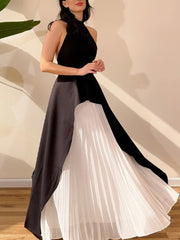 Sleeveless Stand Collar Ruffles Patchwork Pleated Dress