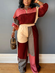 Casual Color Block Patchwork Top And Pants Sets