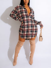 Fashion Lapel Loose Plaid Shirt Dress