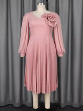 V Neck Lantern Sleeve Flower Decor Pleated Midi Dress