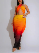 Cross Halter Tops Gradient Color Ruffle Maxi Skirt Set