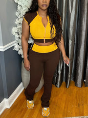 Round Collar Zipper Cropped Top High Waist Pant Sets